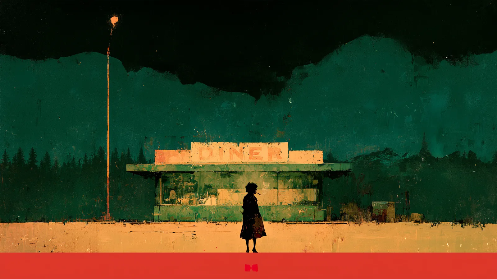 A painting of a lone customer at a diner counter late at night, under warm light